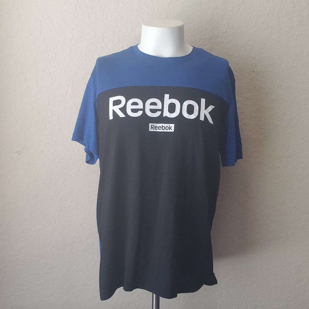 Reebok Shirt Mens XL Blue Black Colorblock Big Logo Graphic T-Shirt Sportswear